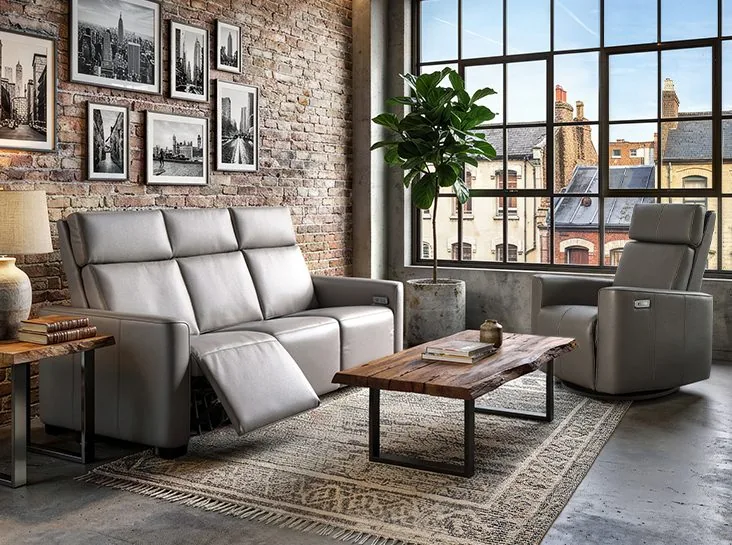 Sofa inclinable gris en cuir dans un salon lumineux